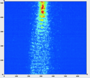 Comparison to the proton bunch longitudinal profile (top, no plasma) with the profile for a bunch passing through the plasma (bottom). The strong modulation of the bunch is clearly seen.