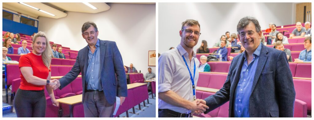 Second prize-winner, Georgia Adam (left) and Third prize-winner, Harry Jones (right) with Peter Ratoff.