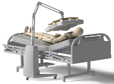 A wooden figure lying on a hospital bed.
