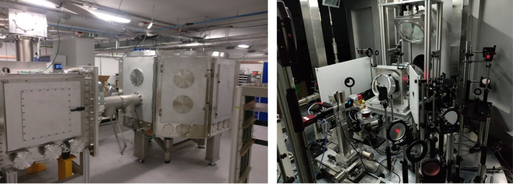 Two images of experimental setups in a laboratory.