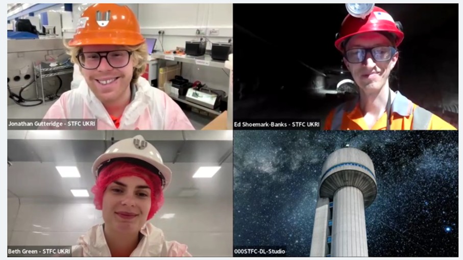 A collage of people wearing hard hats.