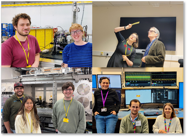 Four images combined as one. Top left shows two people smiling in front of a blue and yellow machine. Top right shows two people looking up in a class room. Bottom left shows three people smiling into the camera in a lab. Bottom right shows three people smiling into the camera in a control room with several large screens behind them.
