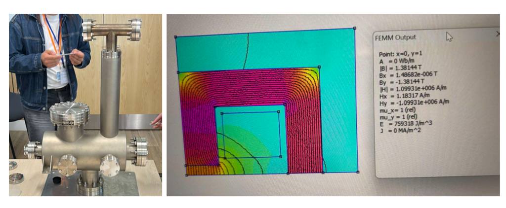 On the left you can see a person setting up a vacuum chamber and on the left a colourful simulation of a magnetic field.